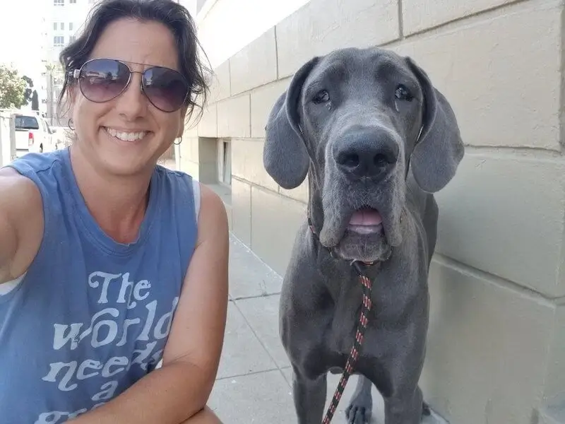 Yasmeen smiling with a great dane